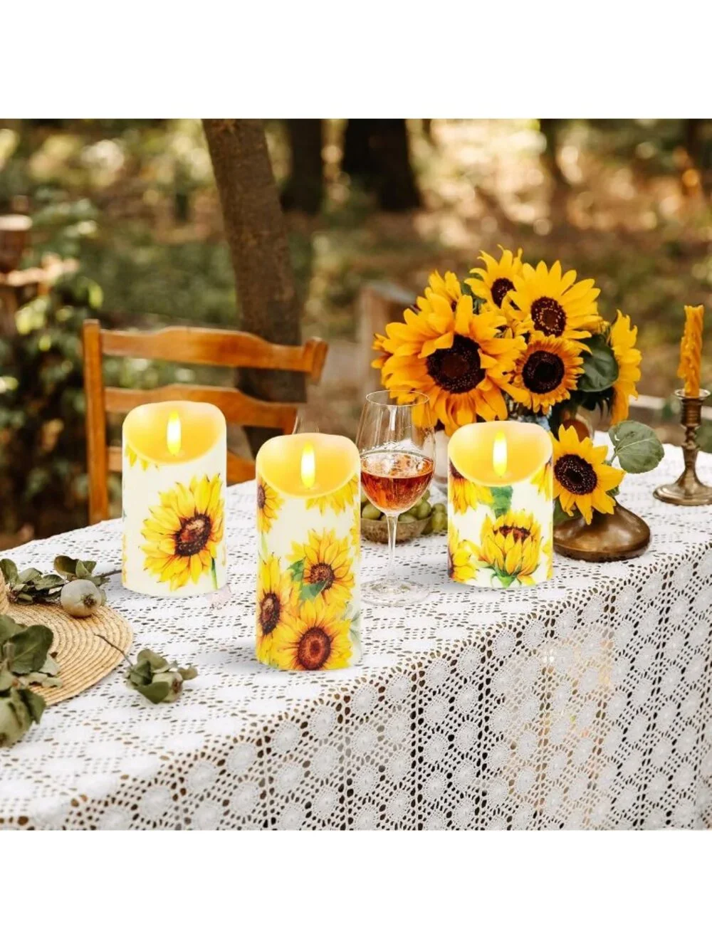 Set of 3 Sunflower Flameless LED Candles - Battery Operated Pillar Decor for